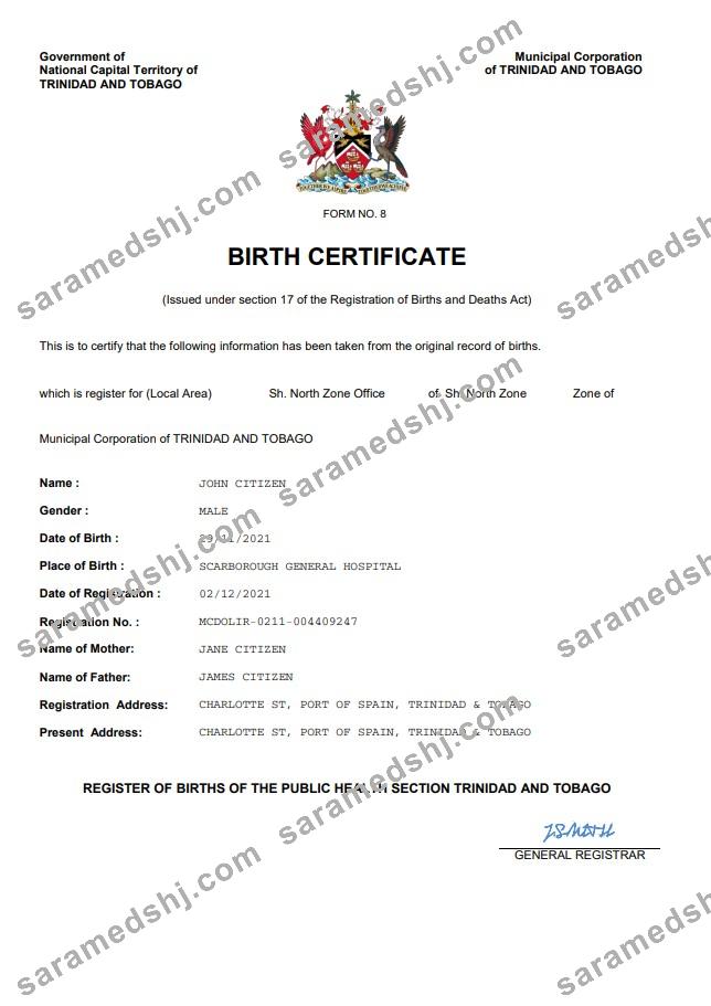 Trinidad & Tobago birth certificate Word and PDF template